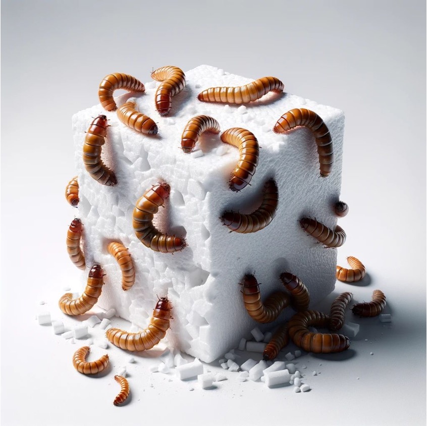 AI generated image showing larvae eating and thriving on polystyrene foam Styrofoam as reported in many research articles including Y. Yang et al., Biodegradation and Mineralization of Polystyrene by Plastic-Eating Mealworms: Part 1. Chemical and Physical Characterization and Isotopic Tests, Environmental Science & Technology, 49, 20, pp. 12080–12086, 2015