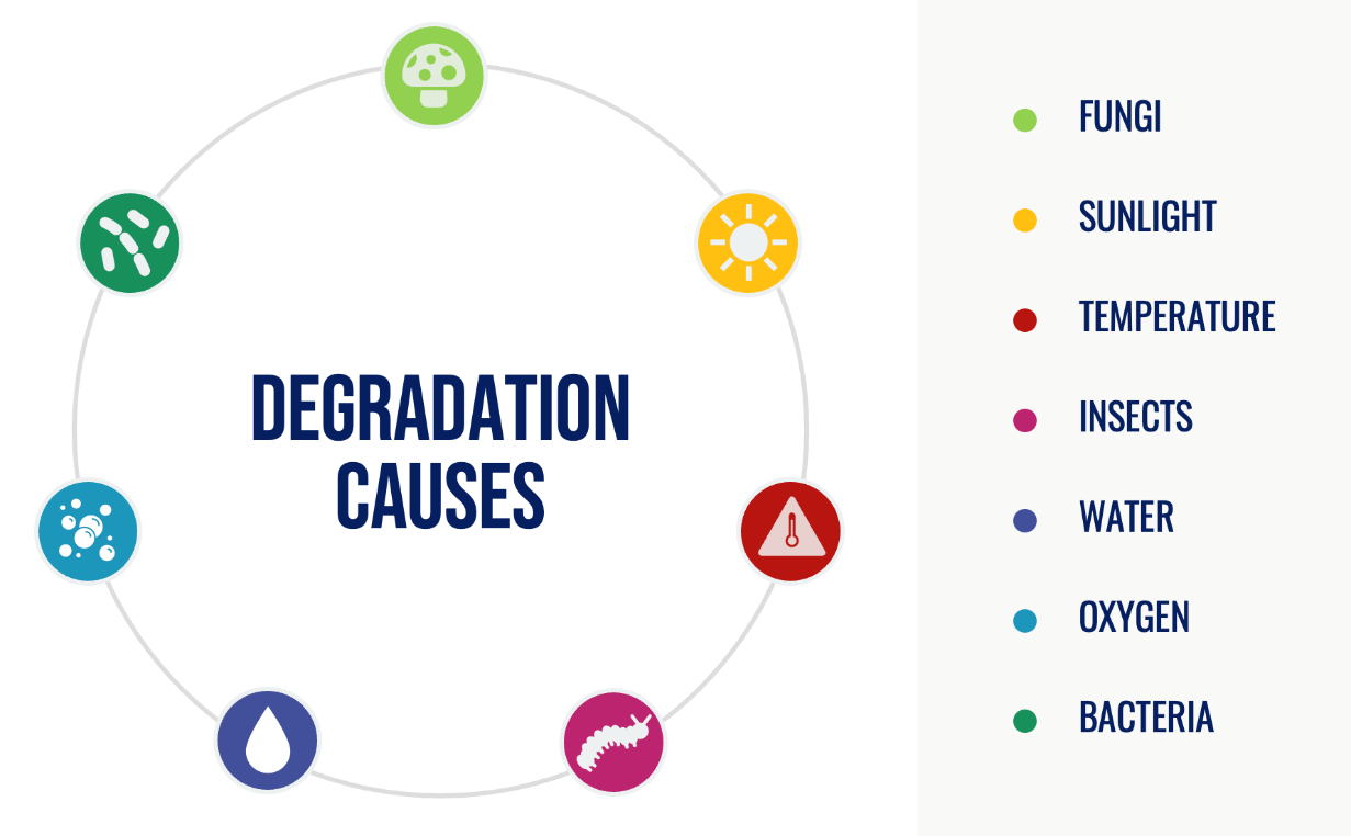 Diagram showing the different ways that plastic materials degrade and biodegrade - fungi, sunlight, temperature, insects, water, oxygen and bacteria