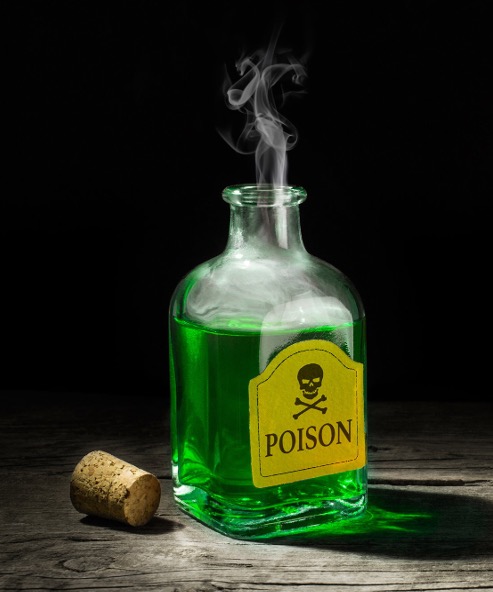 Green liquid in a glass bottle labeled "poison" with the cork out and toxic fumes.