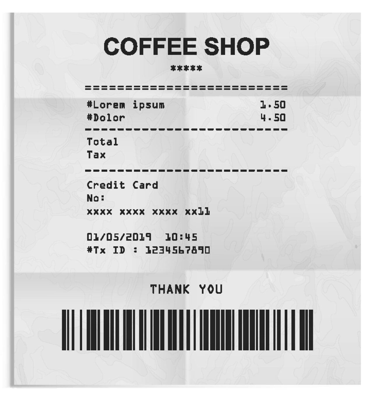 A receipt with barcode and numbers from a coffee shop printed on thermal paper which is a major source of exposure to BPA chemical