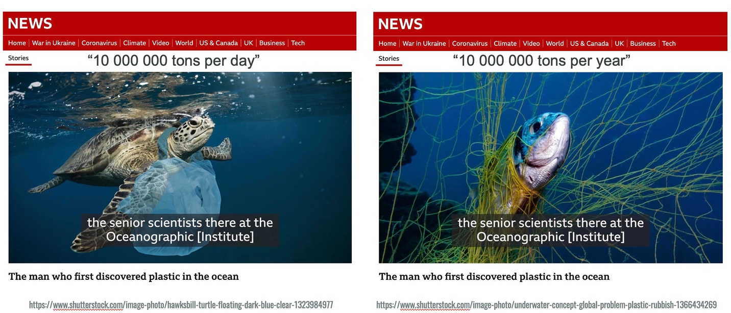 A screenshot of a news article where the BBC posted a misleading Photoshopped image of a sea turtle with a plastic bag around its neck. They apologized and retracted the image when Dr. Chris DeArmitt challenged them https://www.bbc.com/news/av/stories-64250382, 14 January 2023