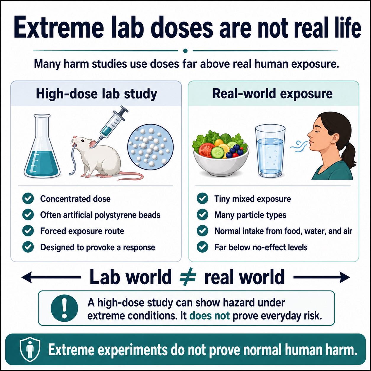 Infographic comparing extreme laboratory doses with small, mixed, real-world exposure