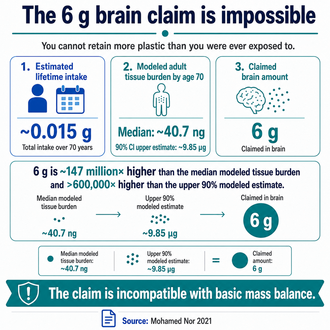 The Claim of 6g Spoonful of Microplastic in the Brain is Impossible